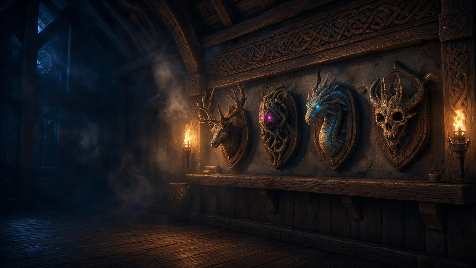 Mounted boss trophies of a stag, a tree spirit, a dragon and a horned skull on a carved longhouse wall lit by torches